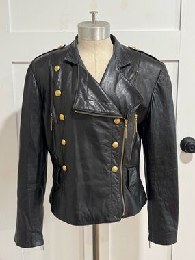 Vakko Black Leather Double-Breasted Biker Jacket with Gold Buttons Size Small